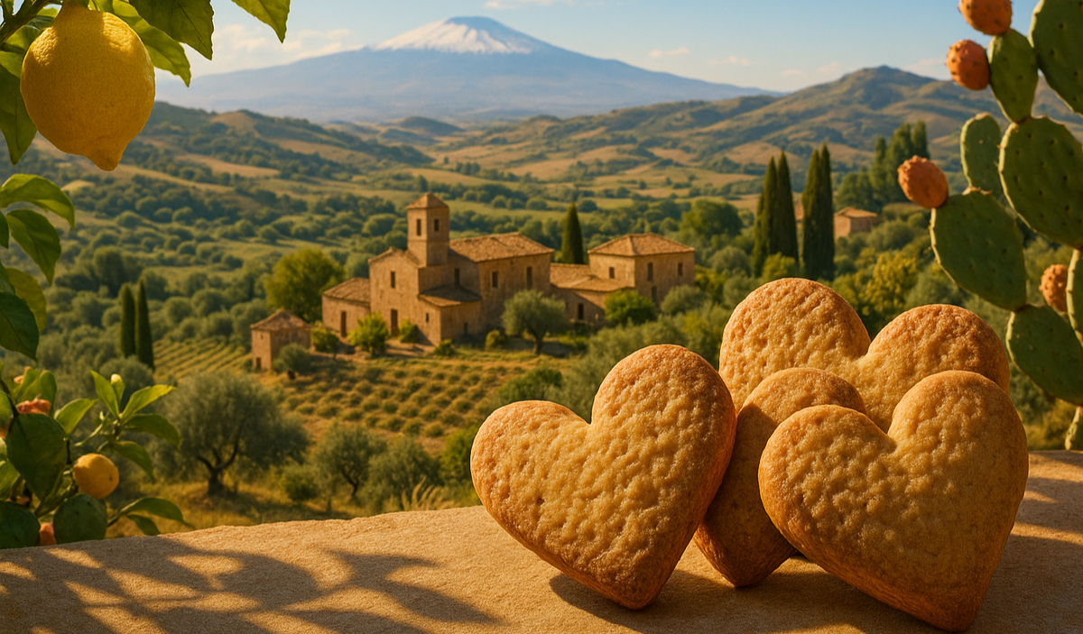 fammi una foto con sulla destra i biscotti cuori di sicilia con sfondo siciliano